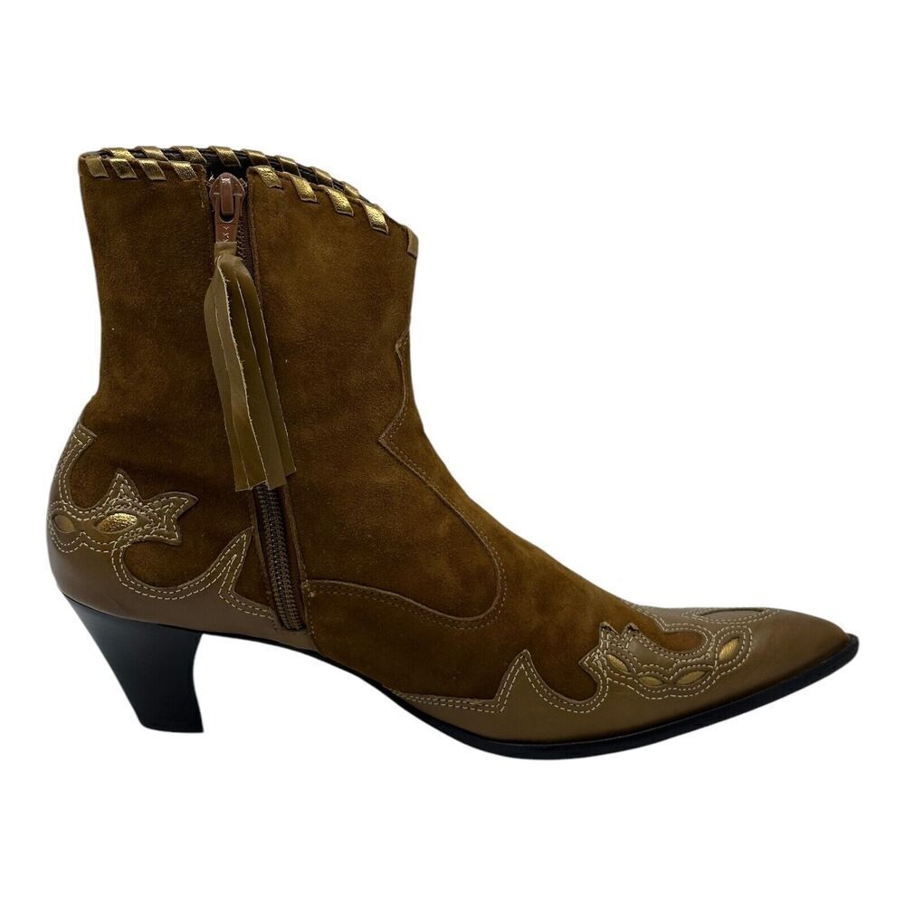 Antonio Melani Western Boots Women 7.5M Brown Suede Gold Pointed Kitten Heel - Picture 10 of 15